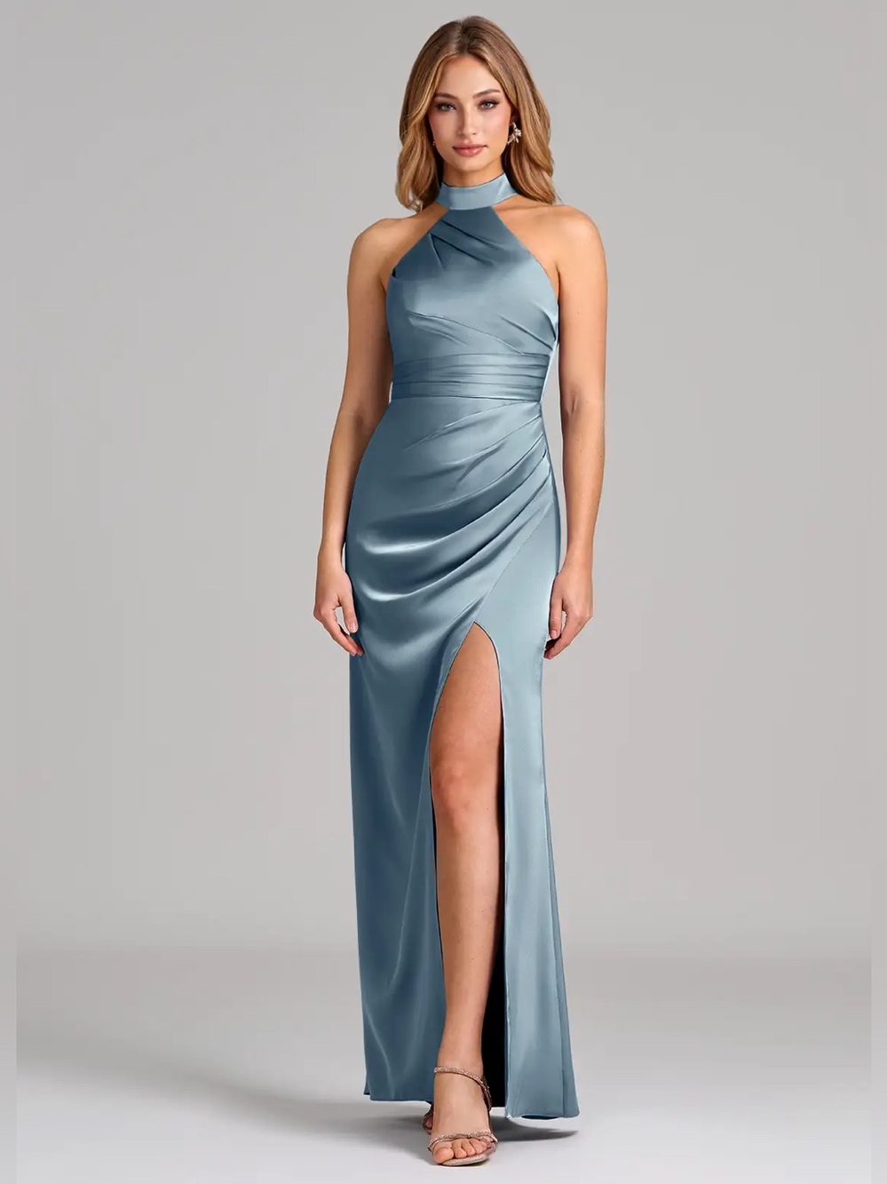 Azazie Karlotta Dusty Blue Sheath Pleated Satin Dress